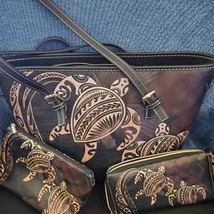 Large shoulder bag with brown/black background with zipper top. No brand name.